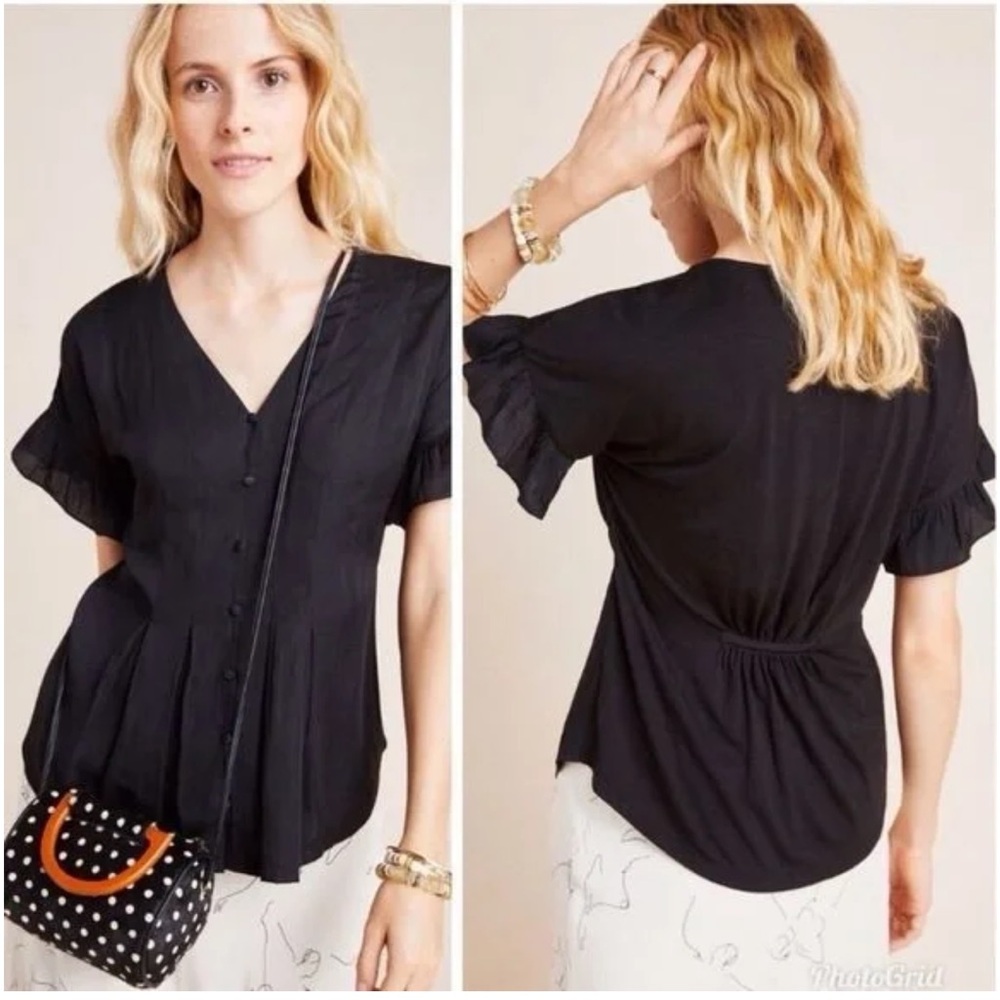 Anthropologie Dolan Left Coast button down pleated ruffle sleeve black blouse M